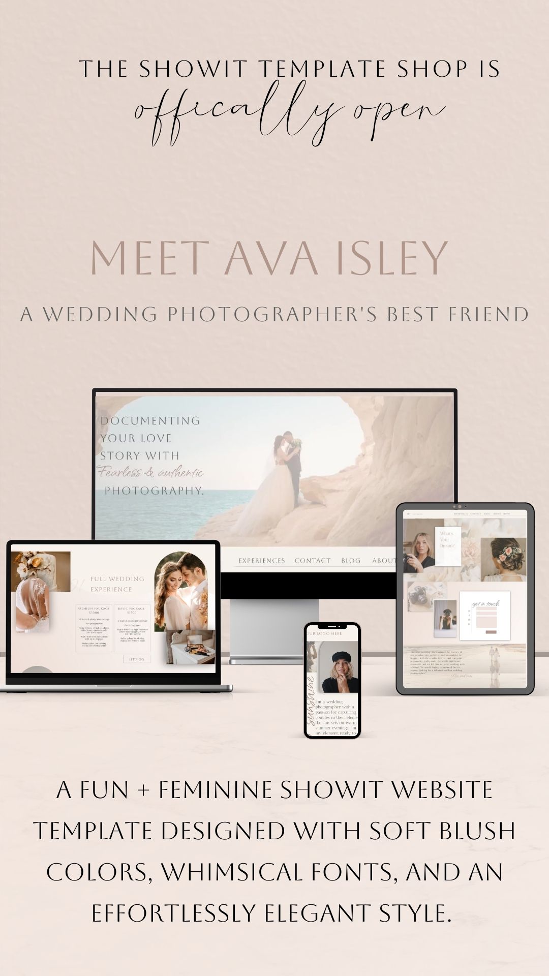 Meet Ava Isley, A fun + feminine Showit website template designed with soft blush colors, whimsical fonts, and an effortlessly elegant style.